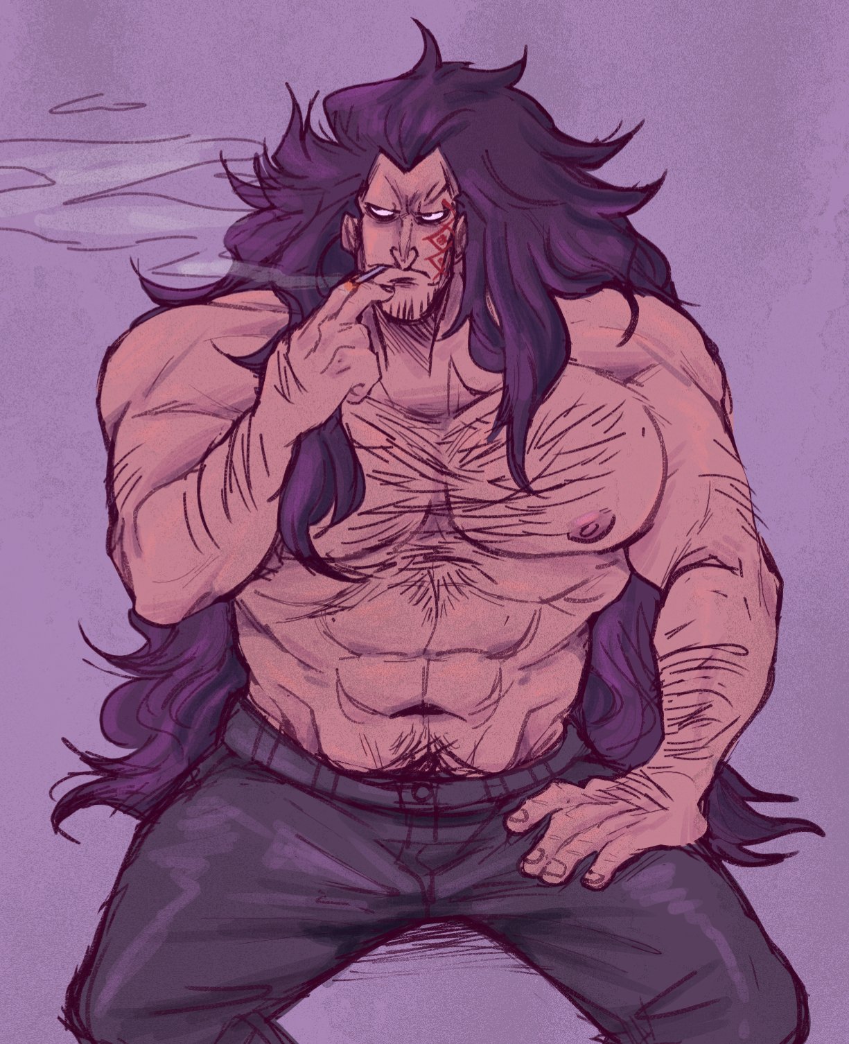 monkey d. dragon, one piece, highres, 1boy, abs, alternate body hair, alternate muscle size, bara, beard stubble, black hair, facial hair, facial tattoo, hairy, huge pectorals, long hair, looking to the side, male focus, mature male, muscular, muscular male, navel, navel hair, nipples, pants, simple background, sitting, smoking, solo, starbab00, stomach, stubble, tattoo, thick eyebrows, topless male