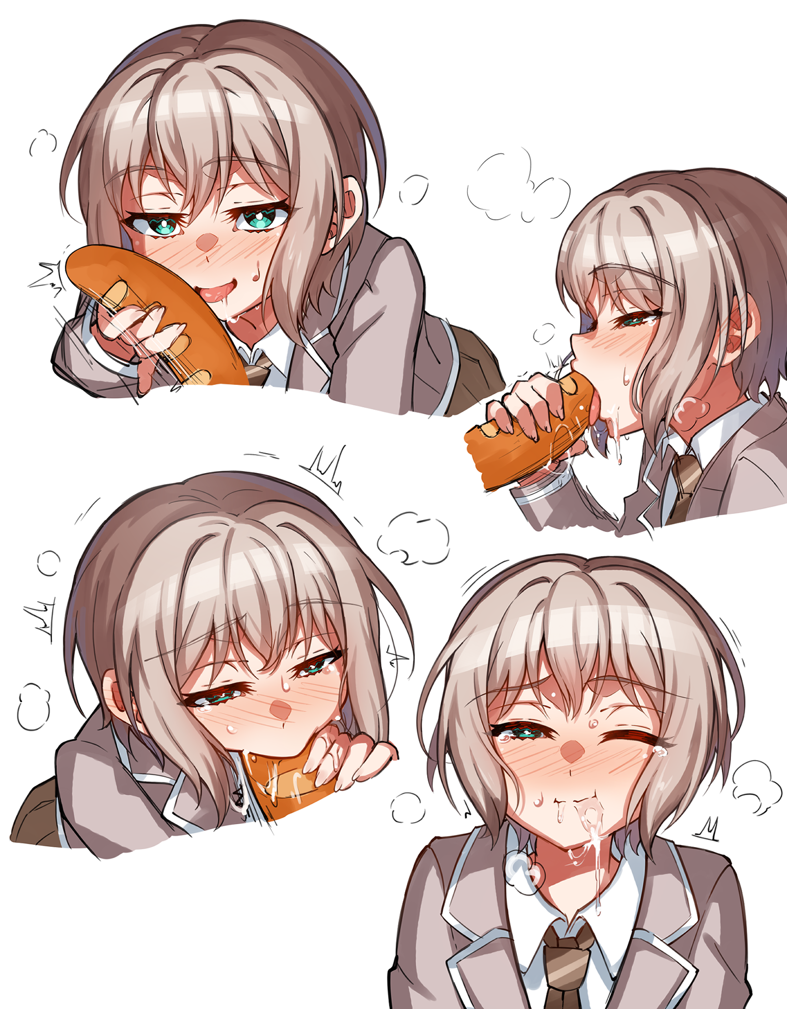 junji 17, aoba moca, bang dream!, commentary, highres, 1girl, aqua eyes, blush, bread, brown necktie, closed mouth, collared shirt, diagonal-striped clothes, diagonal-striped necktie, fellatio, food, grey hair, grey jacket, haneoka school uniform, hetero, jacket, multiple views, necktie, open mouth, oral, school uniform, sexually suggestive, shirt, short hair, simple background, simulated fellatio, striped clothes, suggestive fluid, white background, white shirt