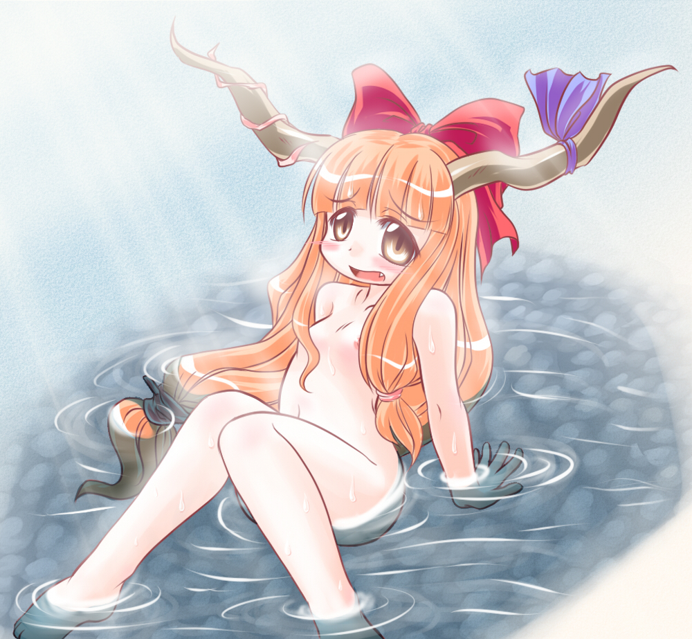 konechi, ibuki suika, touhou, 1girl, completely nude, female focus, horns, loli, nude, ribbon, water