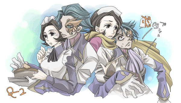 em-mirror, jeremiah gottwald, shinozaki sayoko, code geass, silver hair, 00s, 1boy, 1girl, black hair, blush, brown hair, crazy eyes, expressionless, gloves, green eyes, long sleeves, maid, mask, ninja, parted lips, sweatdrop, upper body, white gloves, wide-eyed