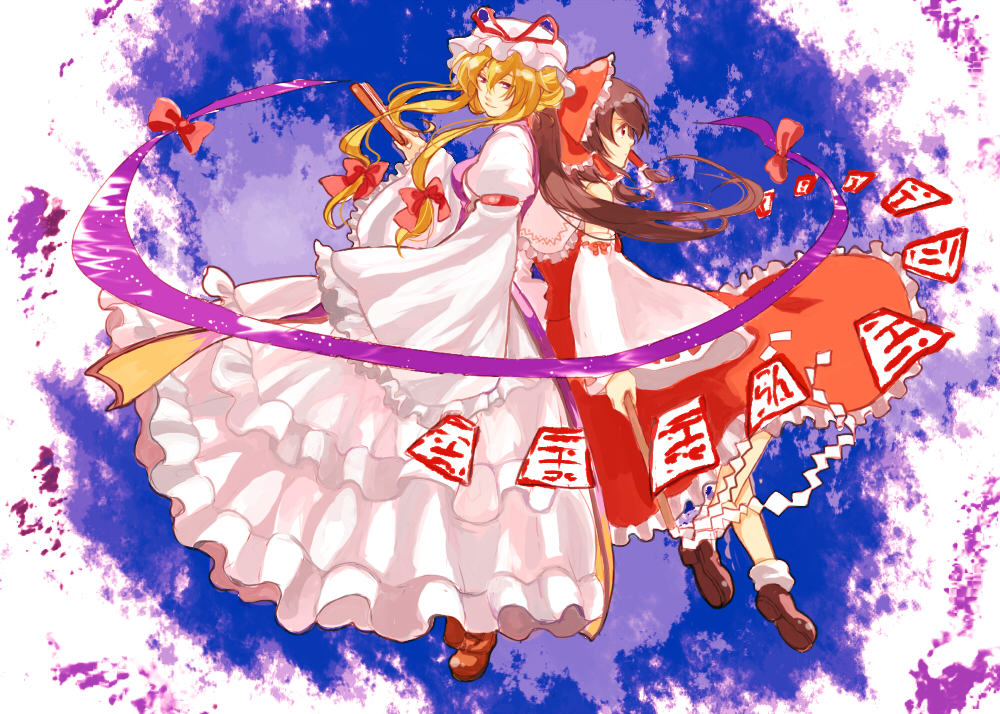 nugaa, hakurei reimu, yakumo yukari, touhou, 2girls, back-to-back, female focus, folded fan, folding fan, frills, gap (touhou), gathers, hand fan, multiple girls