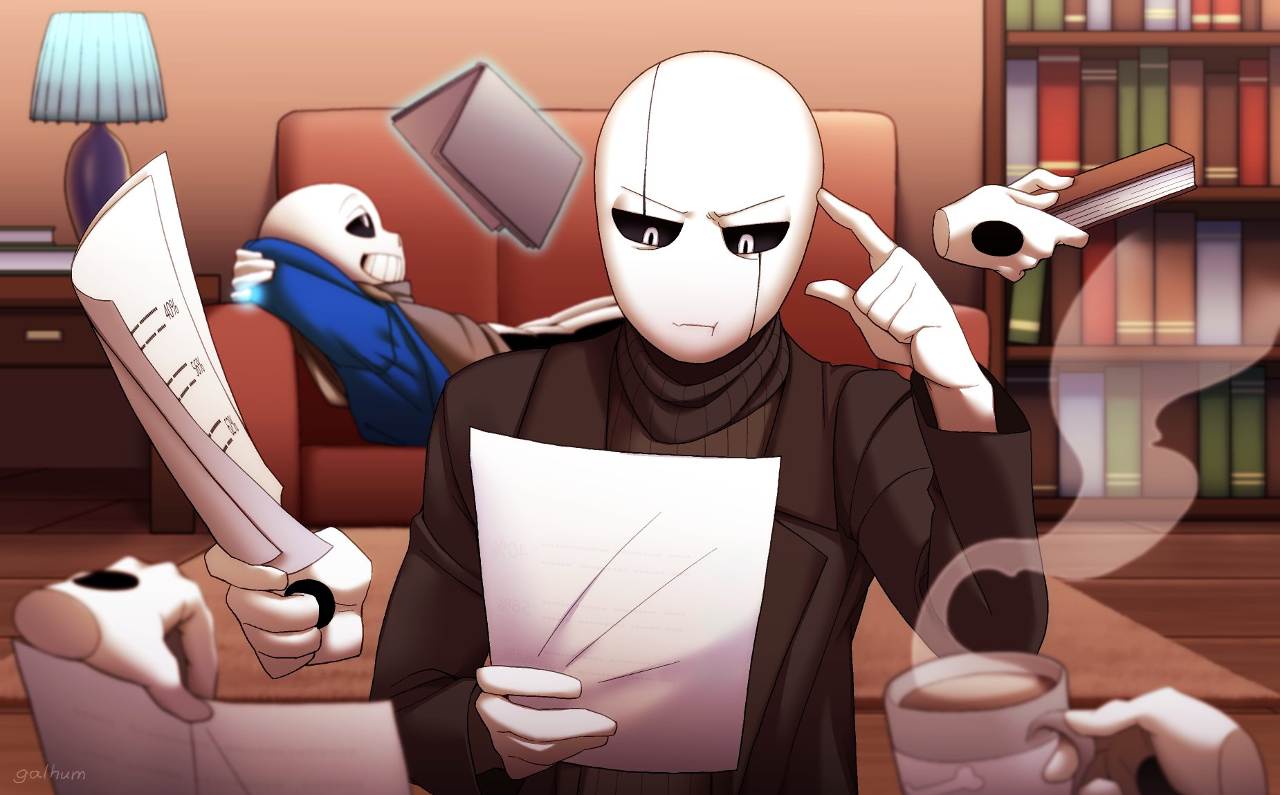 sans (undertale), w.d. gaster, glitchtale, undertale, utdr (toby fox), commentary, english commentary, highres, 2boys, :d, :t, alternate universe, arms behind head, bald, black jacket, black pants, black sclera, black sweater, blue jacket, book, bookshelf, closed mouth, coffee, coffee mug, colored sclera, couch, cup, facing viewer, father and son, finger to head, floating, floating book, floating object, galhum (galhum55), grey sweater, grin, hand up, holding, holding cup, holding paper, hood, hood down, hooded jacket, index finger raised, indoors, jacket, lamp, lapels, long sleeves, looking at object, looking down, looking up, lying, male focus, mug, multiple boys, notched lapels, on back, on couch, open clothes, open jacket, open mouth, pants, paper, ribbed sweater, skeleton, smile, solo focus, sweater, turtleneck, turtleneck sweater, upper body, v-shaped eyebrows, white eyes, wooden floor