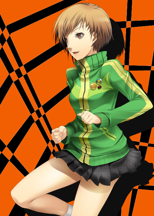 mizuki makoto, satonaka chie, atlus, persona, persona 4, >:d, 1girl, :d, bare legs, black skirt, brown eyes, brown hair, female focus, houndstooth, jacket, kneehighs, lapel pin, long sleeves, miniskirt, open mouth, parted lips, pleated skirt, short hair, skirt, smile, socks, solo, track jacket, turtleneck, v-shaped eyebrows, white socks, zipper