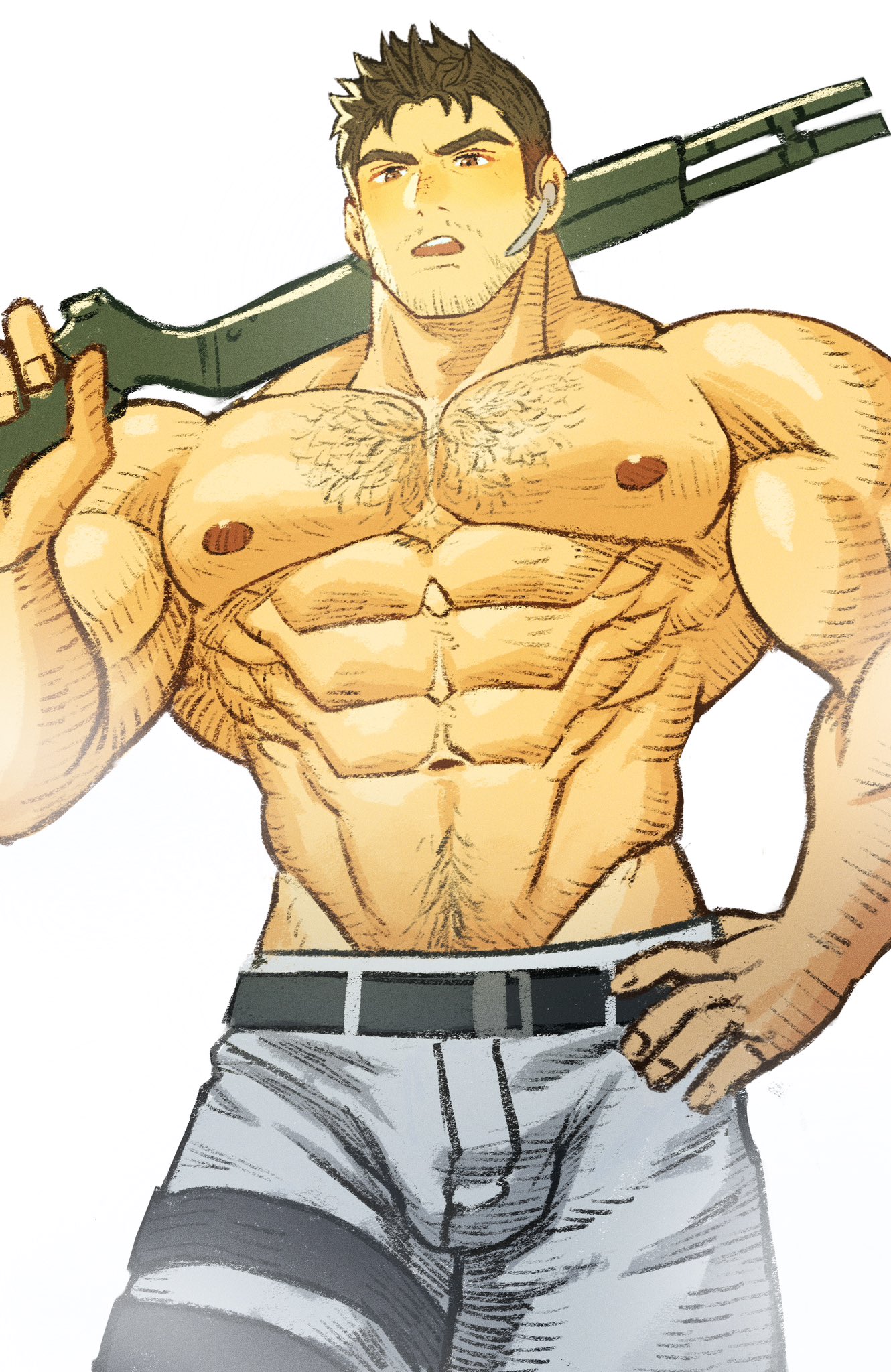 toshun (momotoshi), chris redfield, resident evil, highres, 1boy, abs, bara, beard stubble, bulge, cowboy shot, facial hair, large pectorals, looking at viewer, male focus, mature male, muscular, muscular male, mustache stubble, navel, navel hair, nipples, pants, pectorals, short hair, shredded muscles, solo, sparse chest hair, standing, stomach, stubble, topless male, tsurime
