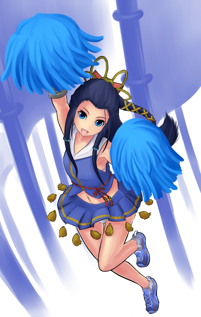 shoohee, zhu zhi, sangokushi taisen, 1boy, cheerleader, crossdressing, crossdressing (mtf), full body, male focus, panties, pom pom (cheerleading), skirt, solo, trap, underwear