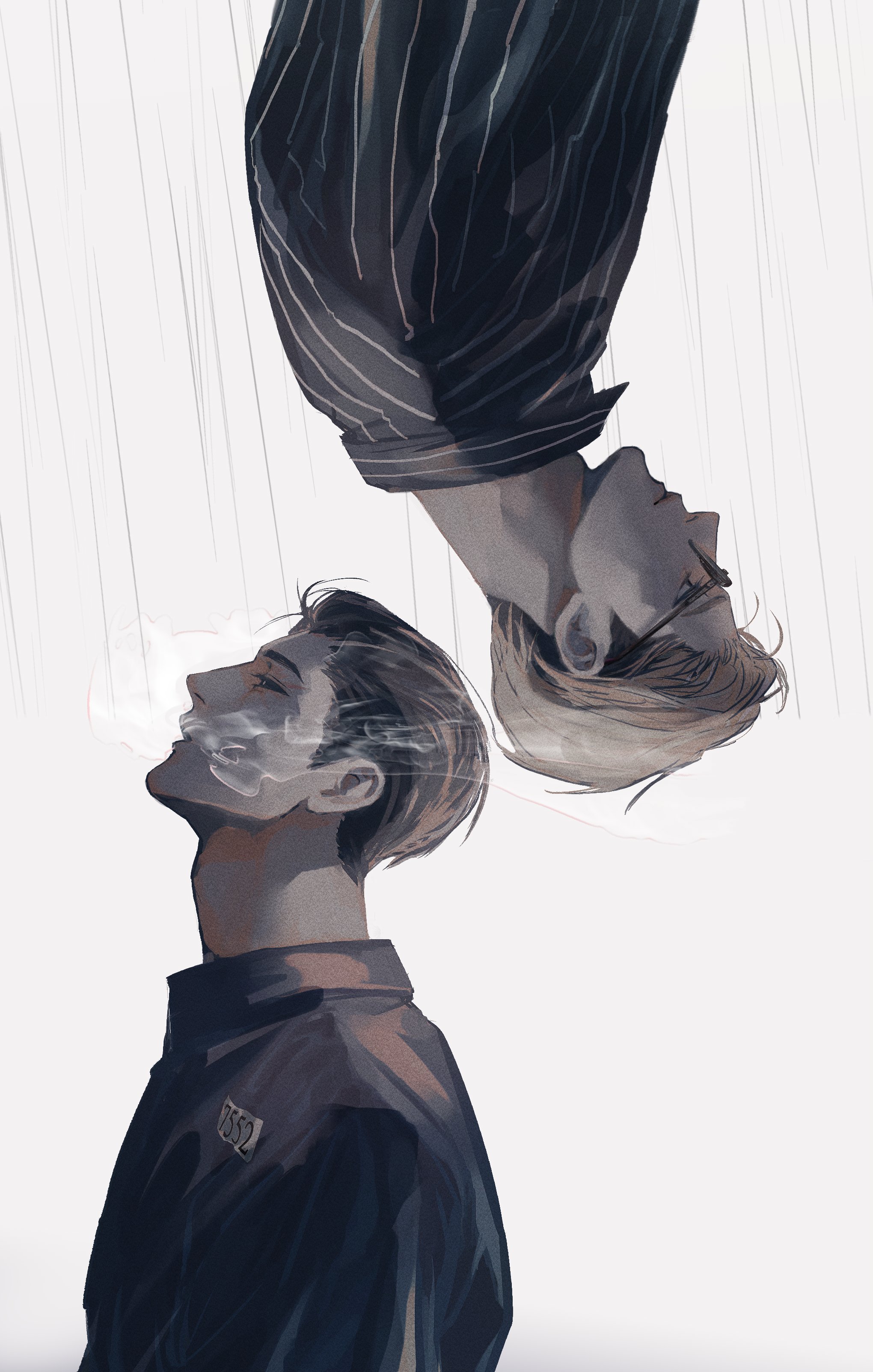 eterorca, kim joon goo, lookism, absurdres, highres, 2boys, black hair, blonde hair, cigarette, closed mouth, from side, glasses, long sleeves, looking down, looking up, male focus, multicolored hair, multiple boys, park jong-geon, prison clothes, profile, serious, shirt, short hair, simple background, smoke, smoking, striped clothes, striped shirt, two-tone hair, upside-down, vertical-striped clothes, white background
