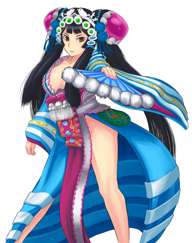shoohee, tame, 1girl, black hair, breasts, cleavage, dress, female focus, folding fan, hand fan, large breasts, legs, long hair, long legs, no panties, side slit, sideboob, solo, thighs