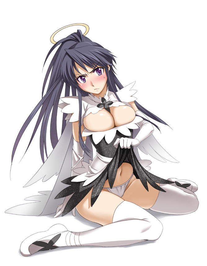 inue shinsuke, kanzaki kaori, toaru majutsu no index, toaru majutsu no index: old testament, 00s, 1girl, angel, blush, breasts, cleavage, clothes lift, dress, dress lift, elbow gloves, female focus, gloves, halo, large breasts, legs, long hair, maid, navel, panties, purple eyes, sitting, solo, sweatdrop, thighhighs, traditional halo, underwear, wariza
