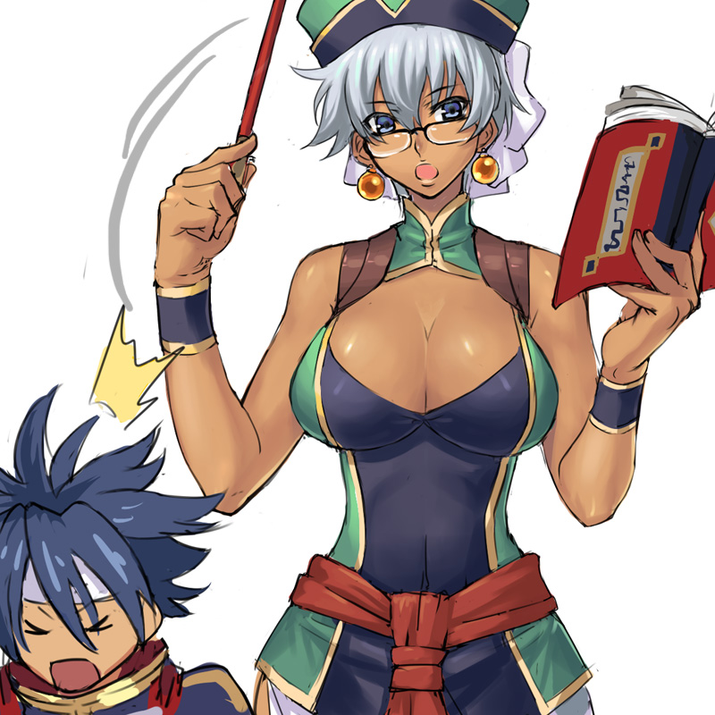 ran'ou (tamago no kimi), afuranoru, maxi (shinrabanshou), shinrabanshou, silver hair, 1boy, 1girl, blue hair, book, breasts, cleavage, cleavage cutout, clothing cutout, dark skin, earrings, glasses, hat, jewelry, large breasts, teacher