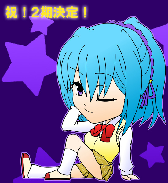 kurono kurumu, rosario+vampire, 00s, 1girl, blue hair, blue sky, bow, chibi, demon girl, female focus, hair ornament, purple eyes, red bow, school uniform, sky, solo