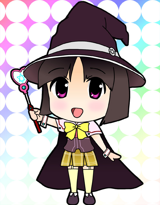 sendou yukari, rosario+vampire, 00s, black hair, cape, chibi, hat, purple eyes, short hair, skirt, solo focus, wand, witch hat