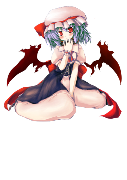 nanpuu, remilia scarlet, touhou, 1girl, blue hair, female focus, hat, ribbon, short hair, simple background, solo, white background, wings