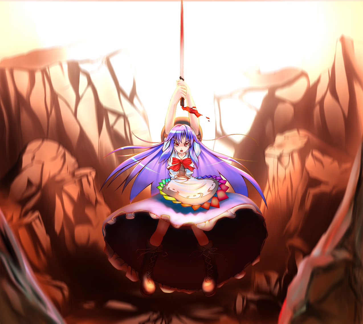 tsukushi sasa, hinanawi tenshi, scarlet weather rhapsody, touhou, bad id, bad pixiv id, 1girl, blue hair, boots, female focus, food, fruit, hat, lace-up boots, long hair, peach, solo, sword, sword of hisou, weapon