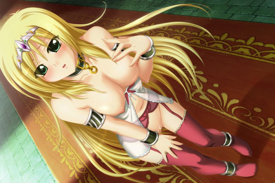 hatozuki tsumiki, launay kminur, eushully, ikusa megami (series), ikusa megami zero, game cg, 1girl, ankle cuffs, anklet, armlet, blonde hair, blush, bottomless, bracelet, breasts, censored, collar, crown, cuffs, dutch angle, female focus, garter belt, green eyes, hat, jewelry, large breasts, lingerie, long hair, looking at viewer, mosaic censoring, navel, nipples, no panties, pussy, pussy juice, red thighhighs, slave, solo, standing, thighhighs, tiara, topless female, underwear, very long hair