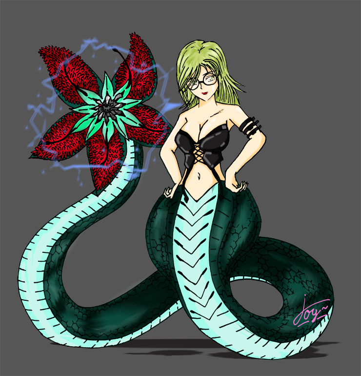 kagome ririko, rosario+vampire, 00s, 1girl, blonde hair, breasts, cleavage, female focus, glasses, hands on own hips, lamia, large breasts, lilico kagome, lipstick, makeup, monster girl, short hair, solo, tail