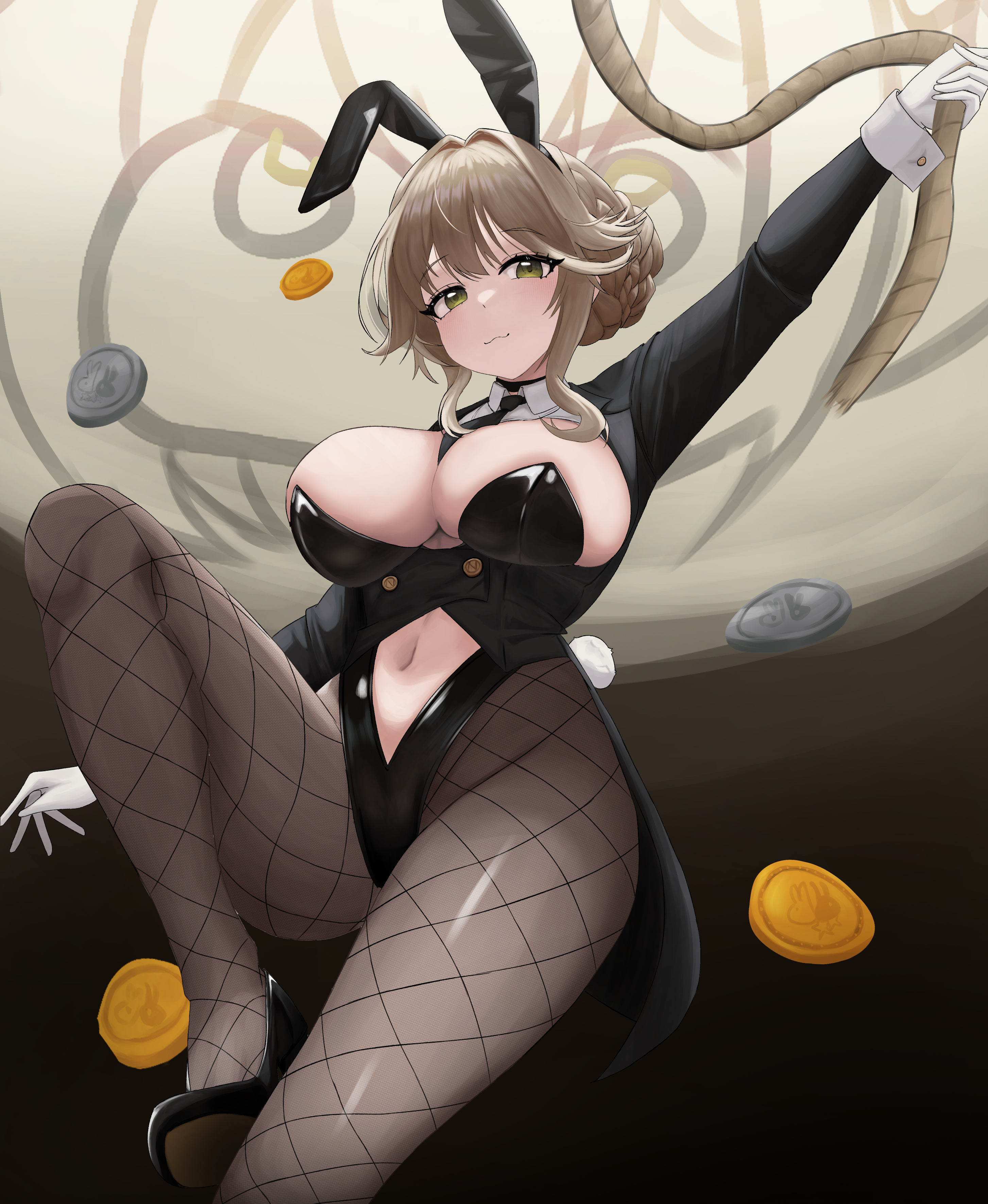 silver coin, small chair (xiaosaiyi33818), ade (agent bunny) (nikke), ade (nikke), goddess of victory: nikke, absurdres, commentary request, highres, korean commentary, 1girl, :3, animal ear hairband, animal ears, arm up, between breasts, black choker, black jacket, black leotard, black necktie, black shoes, blonde hair, braid, breasts, bun with braided base, choker, cleavage, closed mouth, clothing cutout, coattails, coin, detached collar, fake animal ears, fake tail, fishnet pantyhose, fishnets, gloves, gold coin, green eyes, hair between eyes, hair intakes, hair ornament, hairband, high heels, highleg, highleg leotard, holding, holding rope, indoors, jacket, large breasts, leotard, long sleeves, looking at viewer, navel, navel cutout, necktie, necktie between breasts, official alternate costume, pantyhose, playboy bunny, rabbit ear hairband, rabbit ears, rabbit tail, rope, shoes, sidelocks, smile, solo, strapless, strapless leotard, swept bangs, tail, undersized breast cup, white wrist cuffs, wrist cuffs