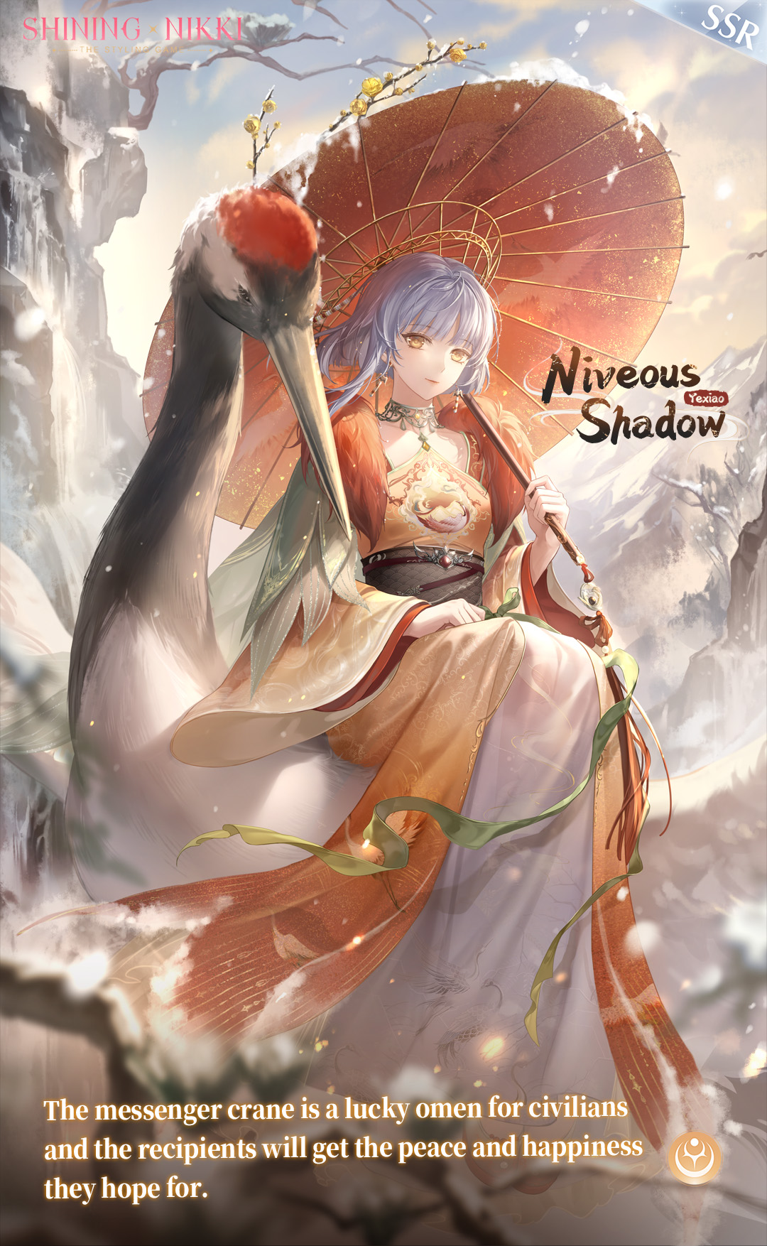 nikki (series), shining nikki, artist request, commentary, english commentary, highres, official art, second-party source, 1girl, alpine skycloud (shining nikki), animal, animal print, bare tree, bird, bird print, blue sky, bonsai, character name, chinese clothes, choker, cliff, closed mouth, cloud, copyright name, crane (animal), dress, earrings, english text, floating hair, full body, fur scarf, gold choker, gold earrings, gradient sky, grey hair, hand on lap, happy, holding, holding umbrella, jewelry, layered dress, lipstick, logo, long dress, long sleeves, looking at viewer, makeup, official alternate color, oil-paper umbrella, orange dress, outdoors, oversized animal, pink lips, print dress, print umbrella, red scarf, red umbrella, riding, riding animal, scarf, short hair with long locks, single sidelock, sitting, sky, smile, snow, snowing, solo, sunrise, tree, umbrella, umbrella over shoulder, white dress, wide sleeves, wind, winter, yellow eyes, yellow sky, yexiao (shining nikki)