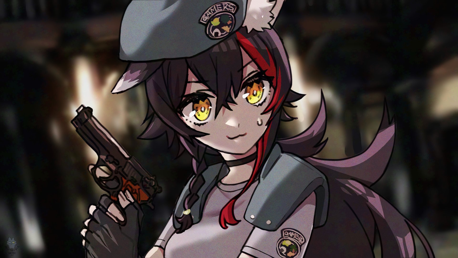 paishen (team tategami), jill valentine, ookami mio, hololive, resident evil, resident evil 1, highres, 1girl, animal ears, beret, beretta 92, black hair, gun, handgun, hat, holding, holding gun, holding weapon, long hair, sweatdrop, virtual youtuber, weapon