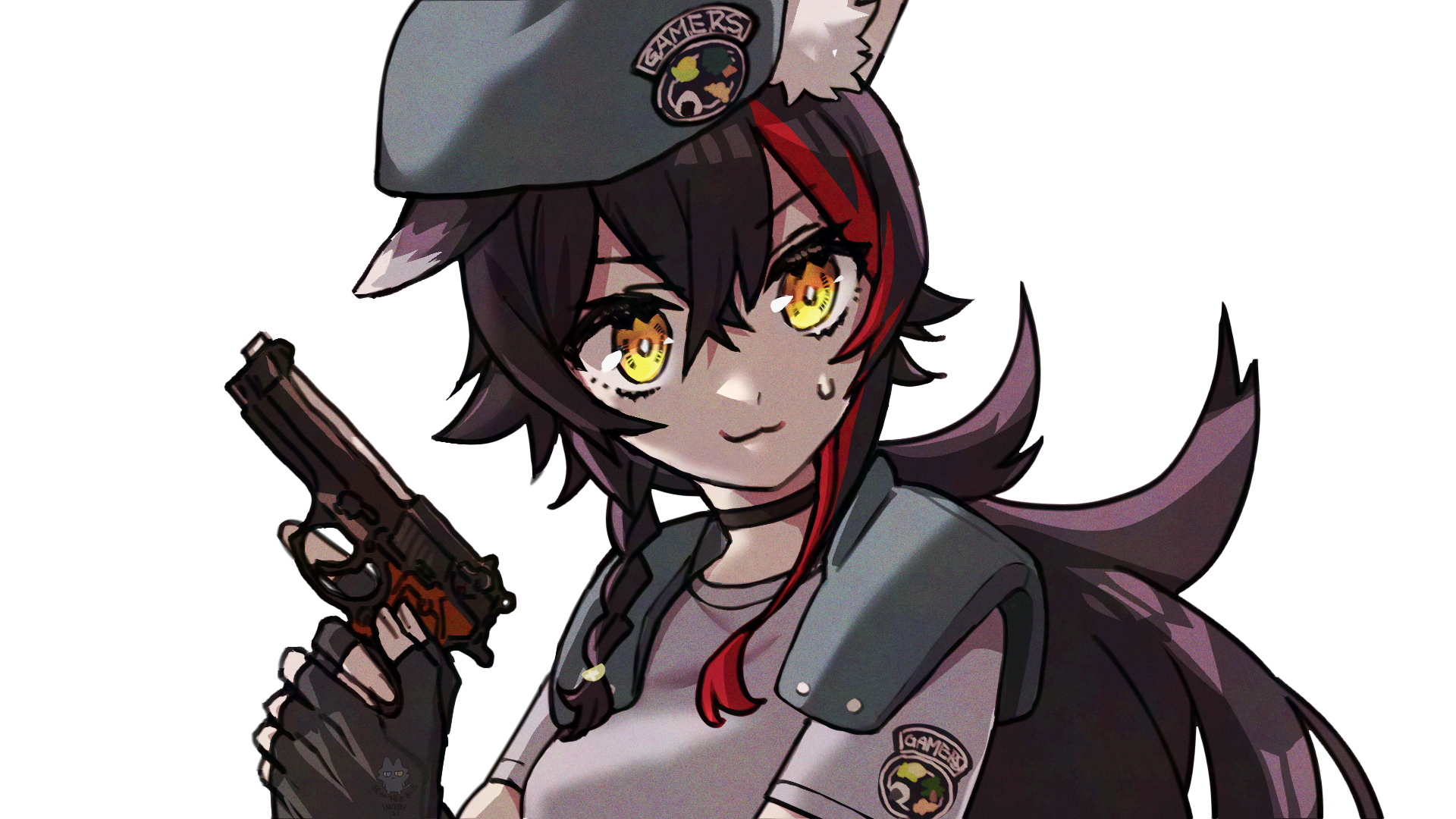 paishen (team tategami), jill valentine, ookami mio, hololive, resident evil, resident evil 1, highres, 1girl, animal ears, beret, beretta 92, black hair, gun, handgun, hat, holding, holding gun, holding weapon, long hair, sweatdrop, virtual youtuber, weapon, white background