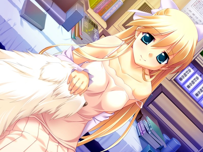himukai kyousuke, ousaka naoko, lili:miesta, game cg, 1girl, blonde hair, book, dog, dress, dutch angle, green eyes, headpat, sitting, solo focus