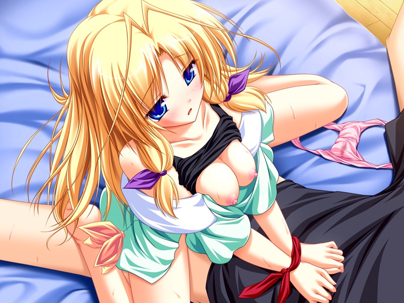 tenmaso, kamishiro mutsuki, inakoi, game cg, 1girl, bdsm, bed, blonde hair, blue eyes, blush, bondage, bound, bound wrists, bra, bra lift, breasts, breasts squeezed together, clothed sex, clothes lift, cowgirl position, girl on top, large breasts, lingerie, long hair, nipples, off shoulder, open clothes, open shirt, panties, pink panties, sex, shirt, shirt lift, solo focus, straddling, sweat, underwear, unworn panties, vaginal, wet, wet clothes, wet panties