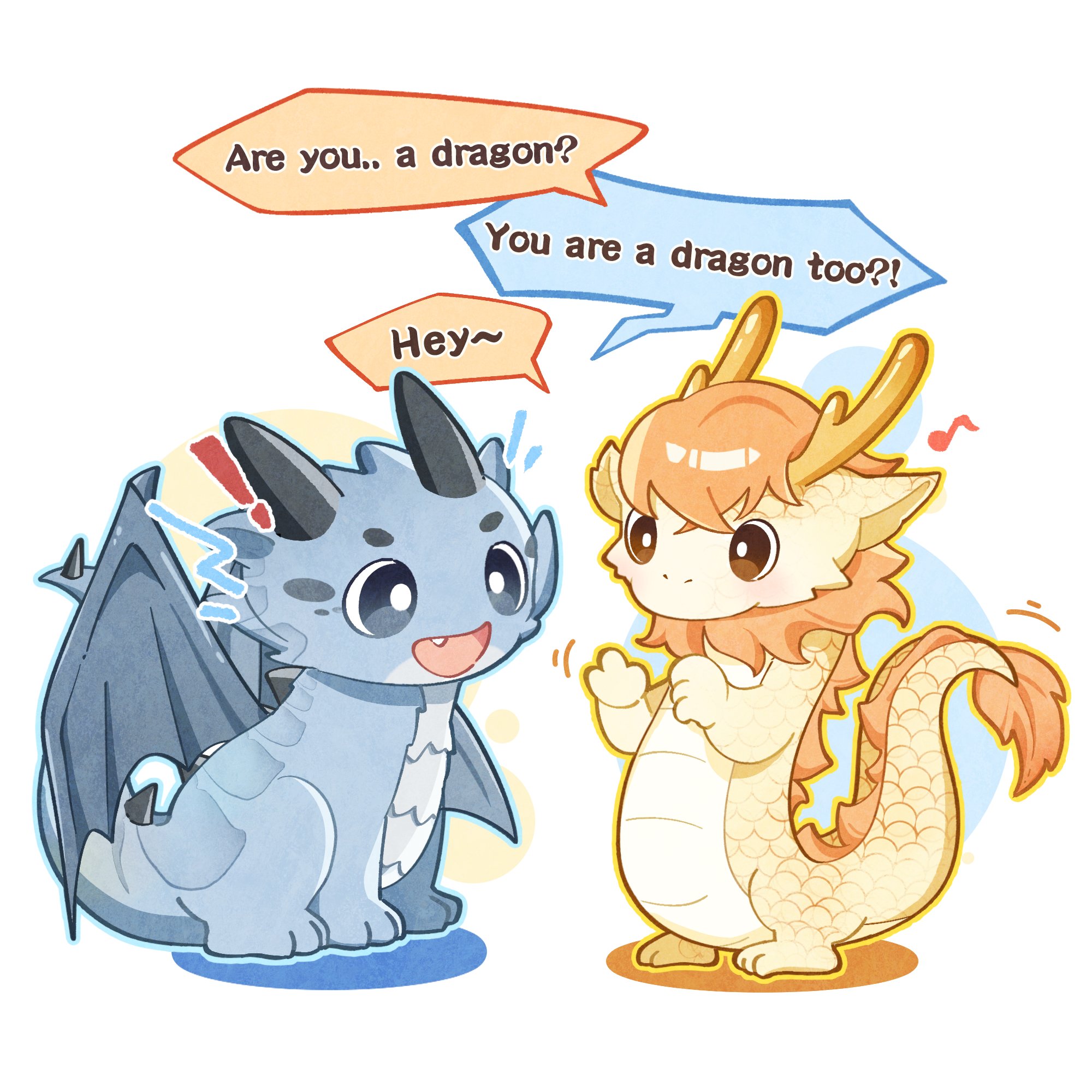 nikki (series), shining nikki, artist request, highres, official art, second-party source, !, ^^^, blue outline, colored shadow, comparison, creature, creature focus, dragon, eastern dragon, english text, happy, motion lines, musical note, no humans, outline, shadow, simple background, speech bubble, western dragon, white background, yellow outline