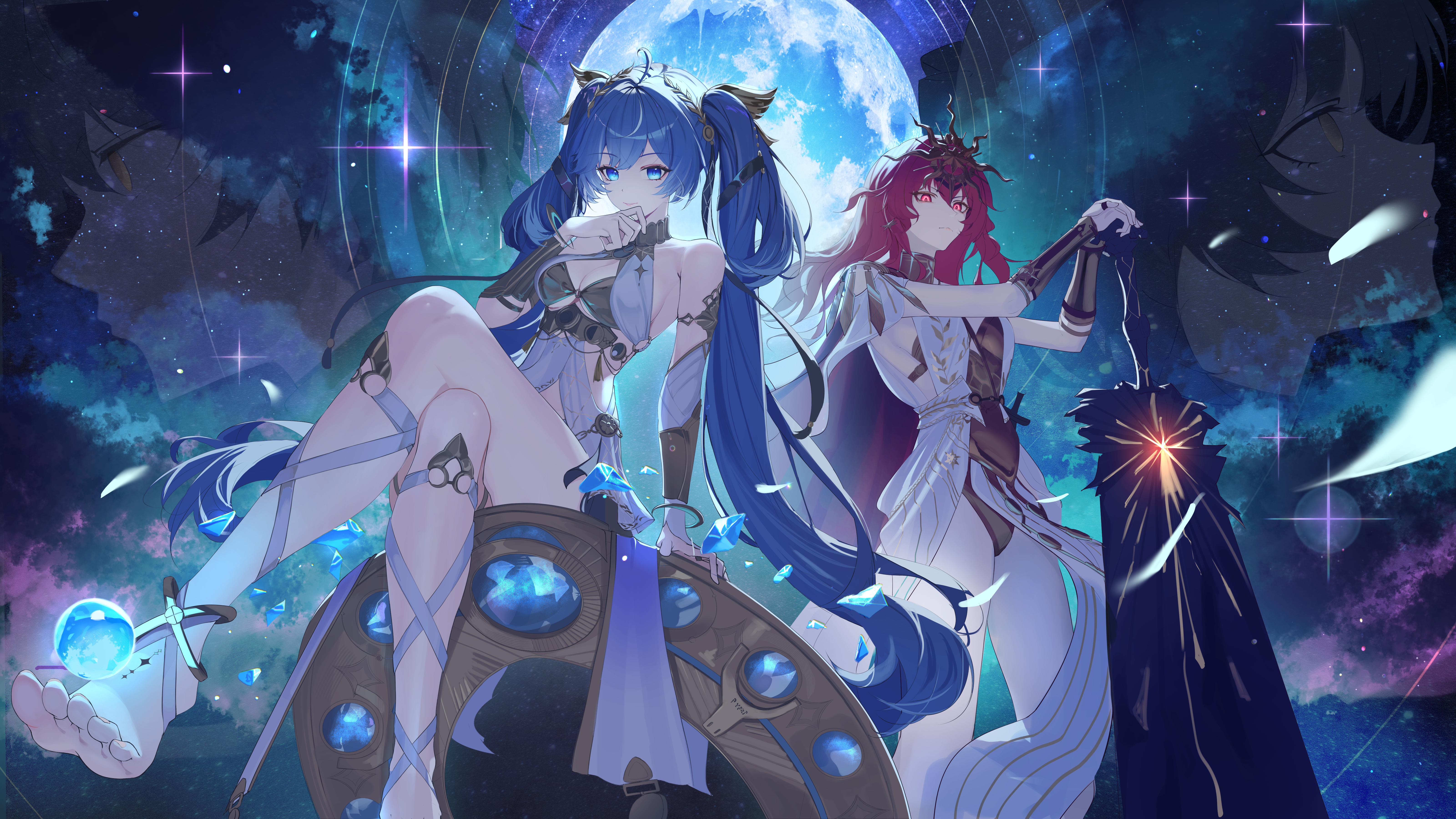 mooruck4, augusta (wuthering waves), iuno (wuthering waves), wuthering waves, absurdres, commentary, highres, 2girls, ahoge, arm armor, armor, bare shoulders, barefoot, blue eyes, blue hair, breastplate, breasts, closed mouth, crossed legs, dress, feet, full moon, gold bra, greatsword, hair belt, hand up, head wreath, headgear, leg wrap, long hair, looking at viewer, medium breasts, moon, multicolored hair, multiple girls, red eyes, red hair, sitting, streaked hair, sword, tacet mark (wuthering waves), toes, twintails, very long hair, weapon, white dress