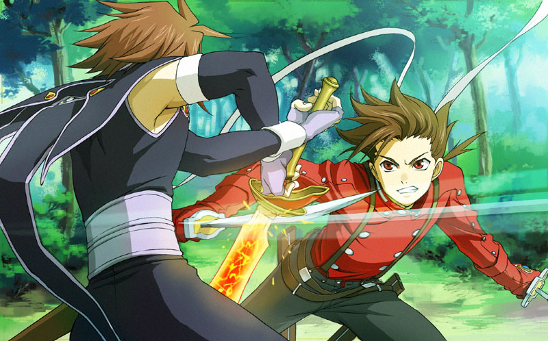 shimabara, sio vanilla, kratos aurion, lloyd irving, tales of (series), tales of symphonia, bad id, bad pixiv id, 00s, 2boys, angry, armpits, battle, brown hair, day, detached sleeves, fighting, fingerless gloves, gloves, holding, holding sword, holding weapon, male focus, multiple boys, outdoors, red eyes, red shirt, shirt, suspenders, sword, tree, weapon