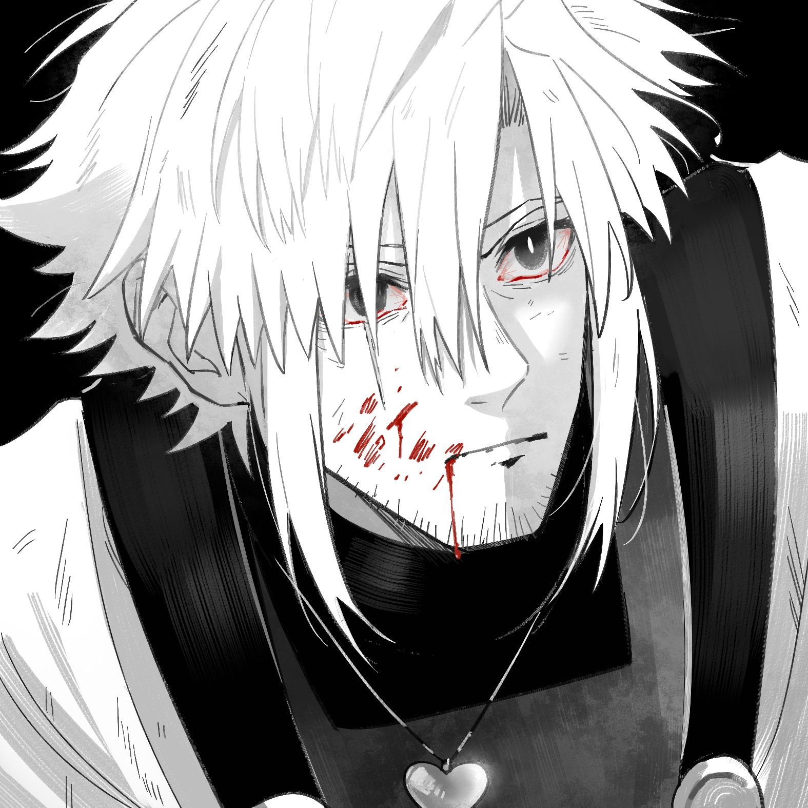 hanbaobaobaozhu, chara (undertale), undertale, utdr (toby fox), xtale, chinese commentary, commentary request, highres, 1boy, alternate universe, black background, blood, blood from mouth, blood on cheek, blood on face, bright pupils, closed mouth, coat, facial hair, flipped hair, from above, frown, greyscale, hair between eyes, hair over one eye, heart, heart necklace, jewelry, looking ahead, male focus, monochrome, necklace, open clothes, open coat, serious, short hair, sidelocks, simple background, slit pupils, solo, spot color, sweater, thick eyebrows, turtleneck, turtleneck sweater, upper body, upturned eyes, v-shaped eyebrows