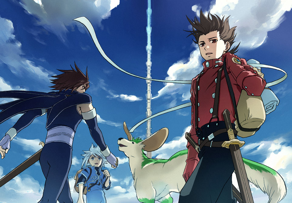 shimabara, sio vanilla, genius sage, kratos aurion, lloyd irving, noishe, tales of (series), tales of symphonia, bad id, bad pixiv id, 00s, 3boys, animal, bag, belt, blue eyes, bodysuit, brown eyes, brown hair, buttons, cloud, day, fingerless gloves, gloves, grey hair, male focus, multiple boys, open mouth, pants, red eyes, red shirt, ribbon, shirt, sky, spiked hair, suspenders, sword, tower, weapon, white hair