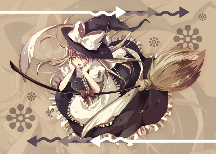 hiiroen, kirisame marisa, touhou, bad id, bad pixiv id, 1girl, blonde hair, broom, female focus, full body, happy, hat, ribbon, solo, witch, witch hat