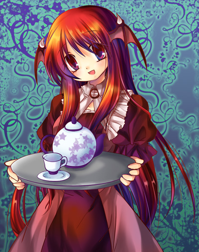 anna (small night), hane (x20285), koakuma, embodiment of scarlet devil, touhou, 1girl, cup, female focus, head wings, long hair, red eyes, red hair, solo, teacup, tray, very long hair, wings