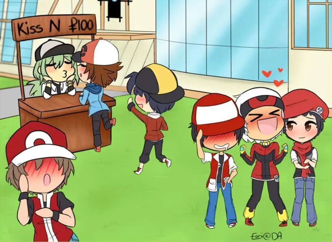 brendan (pokemon), ethan (pokemon), hilbert (pokemon), lucas (pokemon), n (pokemon), red (pokemon), nintendo, pokemon, pokemon bw, pokemon dppt, pokemon frlg, pokemon hgss, pokemon rgby, non-web source, after kiss, blush, heart, kiss, yaoi