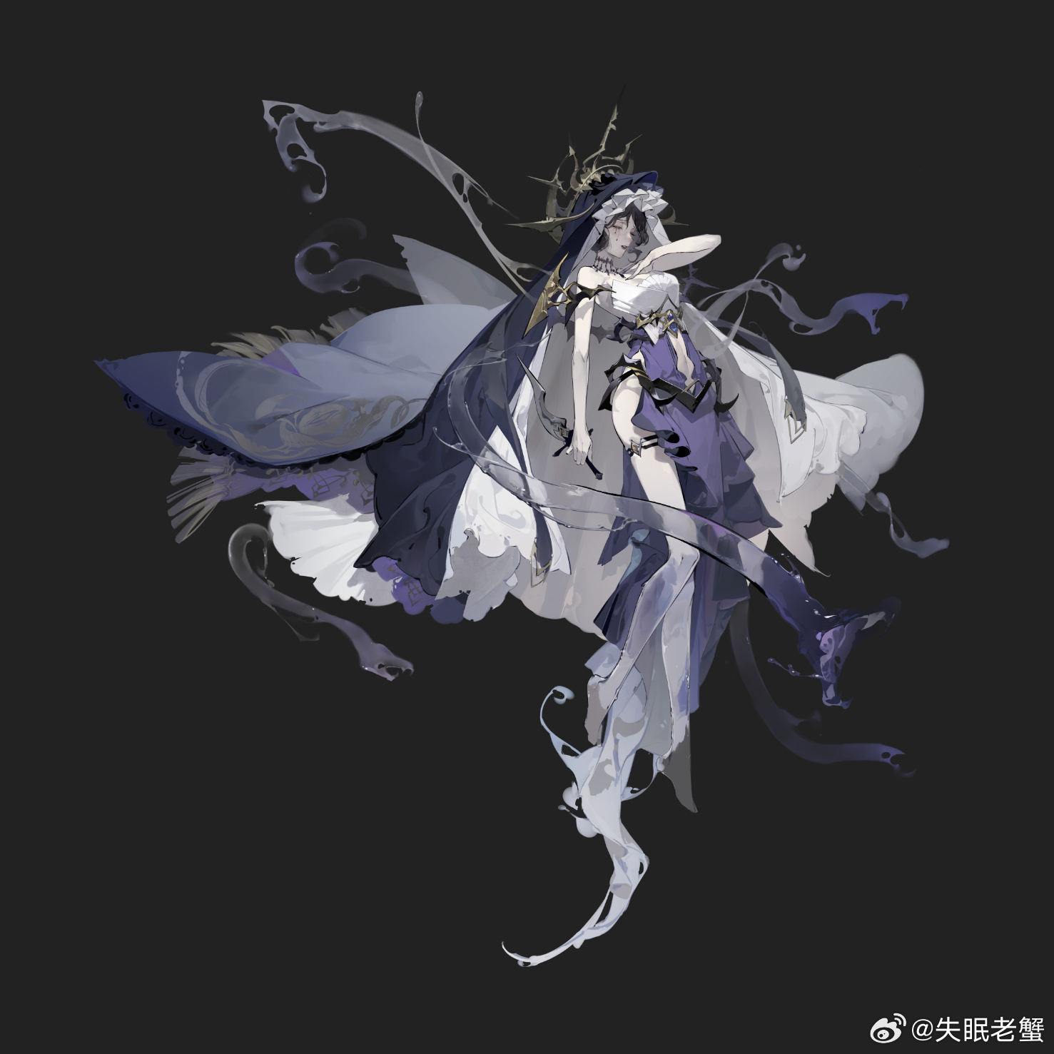 krab (fumekrab), chinese commentary, highres, official art, 1girl, arm at side, backless dress, backless outfit, bare shoulders, barefoot, black background, black hair, closed eyes, clothing cutout, dagger, dress, fringe trim, full body, hair between eyes, halo, halo behind head, hand on own hip, holding, holding dagger, holding knife, holding weapon, jewelry, knife, lipstick, liquid, long dress, makeup, morimens, myriam (morimens), navel, navel cutout, necklace, pale skin, parted lips, purple dress, purple lips, purple veil, reverse grip, riviere (necklace), short hair, shoulder guard, side slit, simple background, snake, solo, strapless, strapless dress, teardrop facial mark, thigh strap, thorns, transparent limb, two-tone dress, veil, watermark, wavy hair, weapon, weibo watermark, white dress, white veil