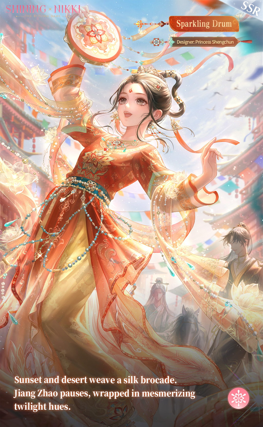 nikki (series), shining nikki, artist request, commentary, english commentary, highres, official art, second-party source, 1girl, architecture, beads, black hair, blue sky, bow-shaped hair, character name, chinese clothes, cloud, copyright name, day, dress, east asian architecture, empress shengchun, english text, eyelashes, faceless, faceless male, facial mark, feet out of frame, festival, floating clothes, floating hair, flock, forehead, forehead mark, grey eyes, hair ornament, hair ribbon, happy, instrument, jewelry, logo, long dress, long skirt, long sleeves, looking ahead, music, necklace, open mouth, outdoors, people, playing instrument, red dress, red ribbon, ribbon, shawl, short hair with long locks, sidelocks, skirt, skirt under dress, sky, smile, solo focus, sparkling drum (shining nikki), string of flags, tambourine, teeth, tower, upper teeth only, wenren dian, yellow shawl, yellow skirt