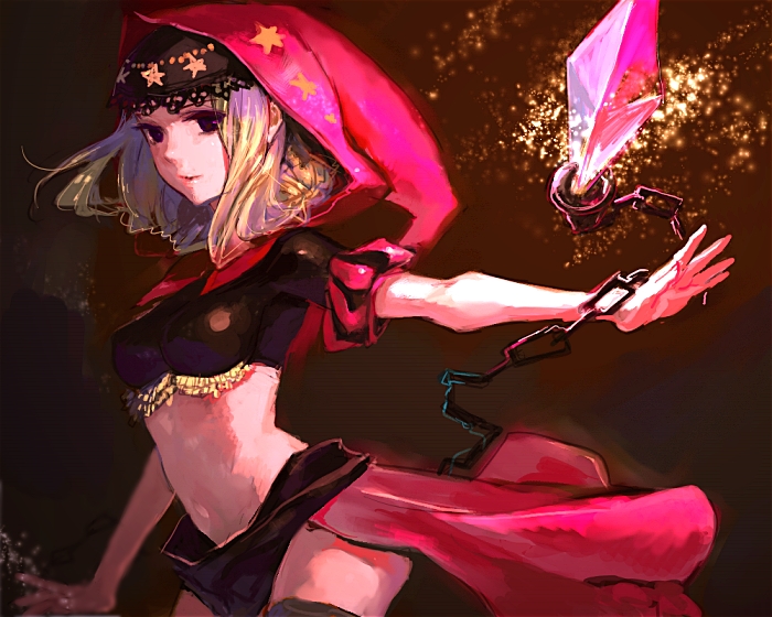 gyomin, velvet (odin sphere), odin sphere, bad id, bad pixiv id, 1girl, blonde hair, brown eyes, chain, female focus, hood, midriff, solo, thighhighs