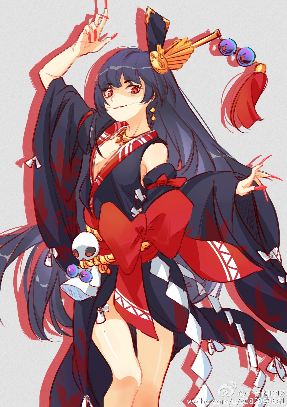 shisantian, onmyoji, bad link, character request, highres, 1girl, black hair, breasts, dress, japanese clothes, long hair, multicolored dress, red eyes, red nails, smile, solo