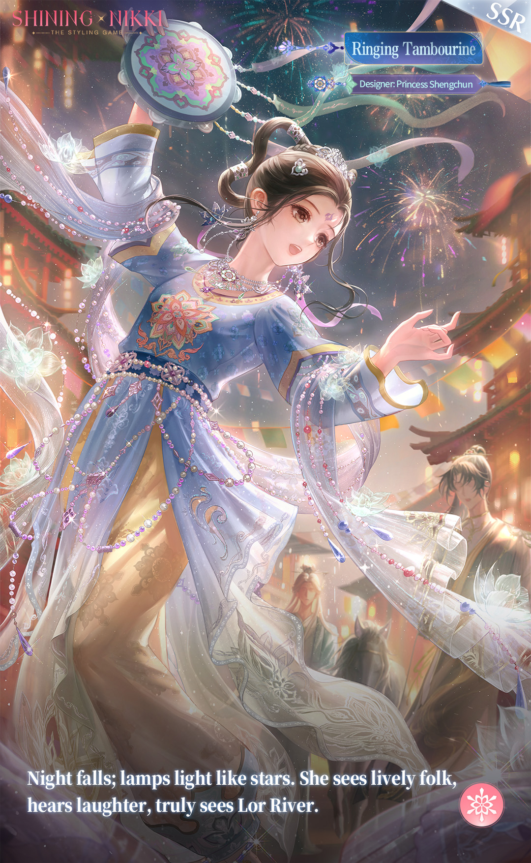 nikki (series), shining nikki, artist request, commentary, english commentary, highres, official art, second-party source, 1girl, aerial fireworks, architecture, beads, black hair, blue dress, character name, chinese clothes, copyright name, dancing, dress, earrings, east asian architecture, empress shengchun, english text, eyelashes, facial mark, feet out of frame, festival, fireworks, floating clothes, floating hair, floral print, forehead, forehead mark, grey eyes, hair ornament, hair ribbon, happy, instrument, jewelry, lantern, logo, long dress, long skirt, long sleeves, looking to the side, music, necklace, night, night sky, official alternate color, open mouth, outdoors, paper lantern, people, playing instrument, print dress, purple ribbon, ribbon, shawl, short hair with long locks, skirt, skirt under dress, sky, smile, solo focus, sparkling drum (shining nikki), string of flags, tambourine, teeth, tower, upper teeth only, wenren dian, white shawl, yellow skirt