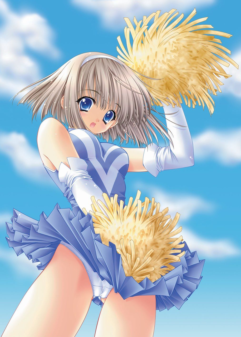 carnelian, highres, blue eyes, brown hair, cameltoe, cheerleader, panties, short hair, underwear, upskirt