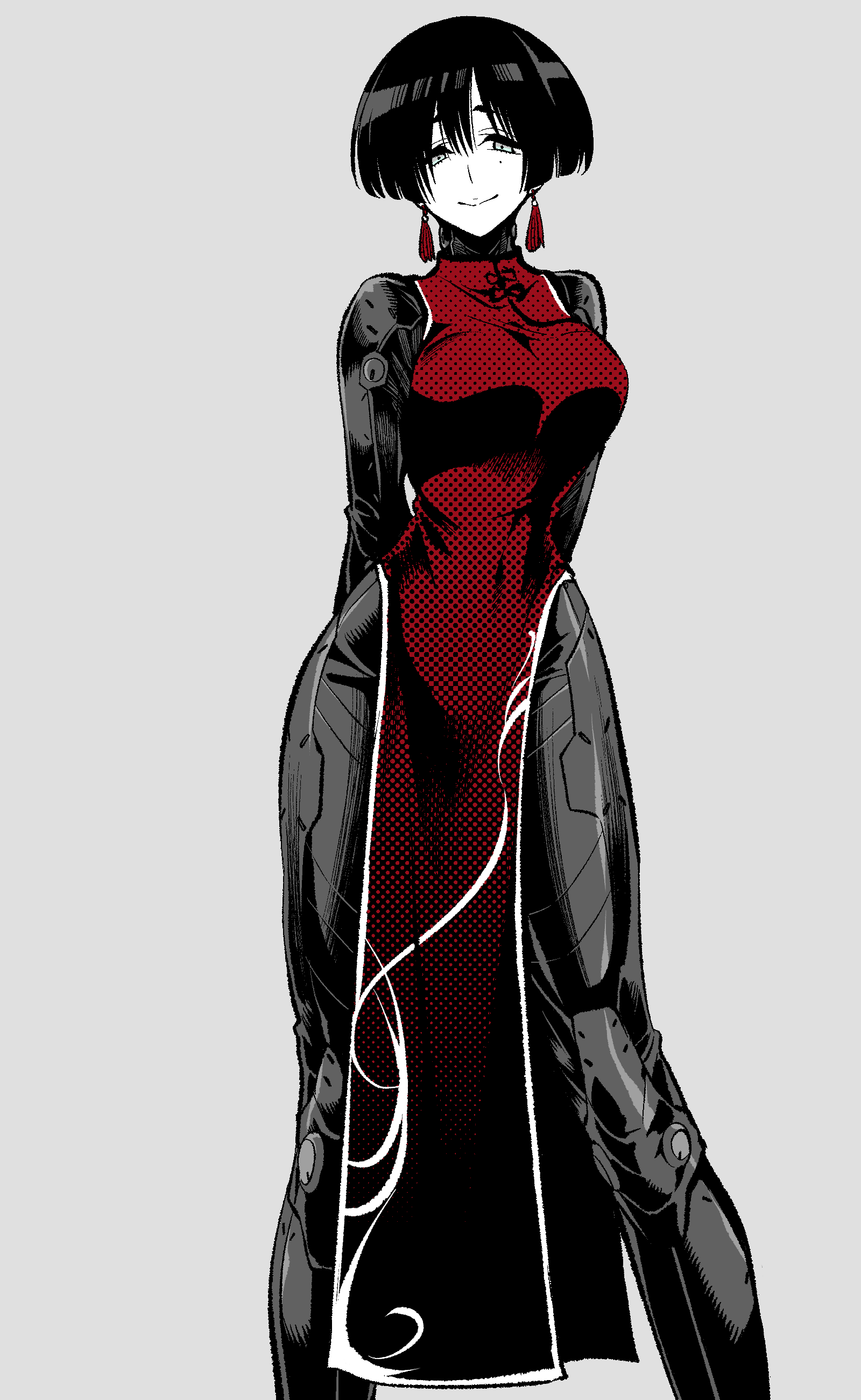 kato takuji, original, absurdres, highres, 1girl, black hair, breasts, china dress, chinese clothes, dress, earrings, jewelry, joints, looking at viewer, mechanical arms, mechanical legs, mole, mole under eye, monochrome, robot joints, science fiction, short hair, simple background, sleeveless, sleeveless dress, smile, solo, spot color
