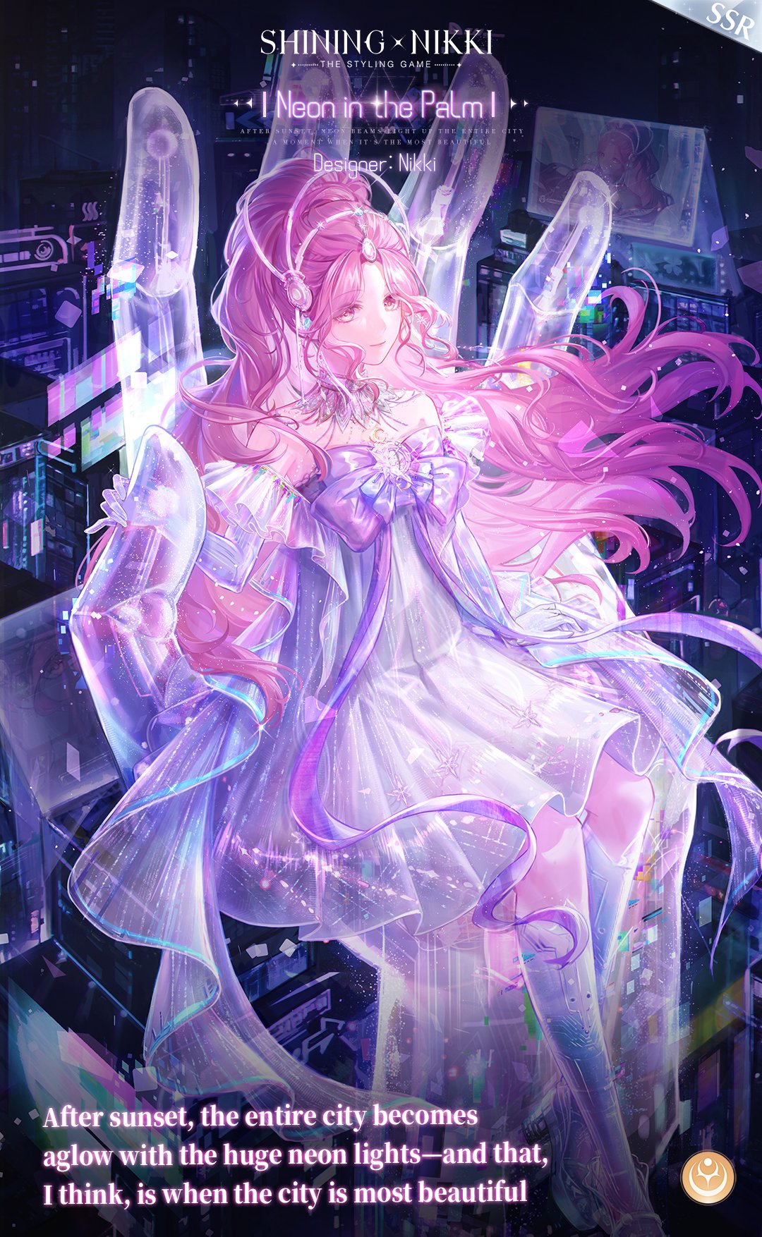 nikki (nikki), nikki (series), shining nikki, artist request, commentary, english commentary, highres, official art, second-party source, 1girl, bare shoulders, billboard, blue socks, bow, bowtie, brown eyes, character name, city, closed mouth, collar, copyright name, detached collar, disembodied hand, dress, elbow gloves, english text, eyelashes, eyes visible through hair, feather collar, feet out of frame, floating clothes, floating hair, frilled sleeves, frills, gloves, happy, headphones, high ponytail, kneehighs, layered dress, light particles, logo, long hair, looking at viewer, medium dress, neon in the palm (shining nikki), night, night sky, off-shoulder dress, off shoulder, outdoors, pink hair, pleated dress, ponytail, purple bow, purple bowtie, purple dress, purple gloves, science fiction, short sleeves, sidelocks, sitting, sitting on hand, sky, smile, socks, solo, very long hair, wavy hair, white collar, white dress, wind