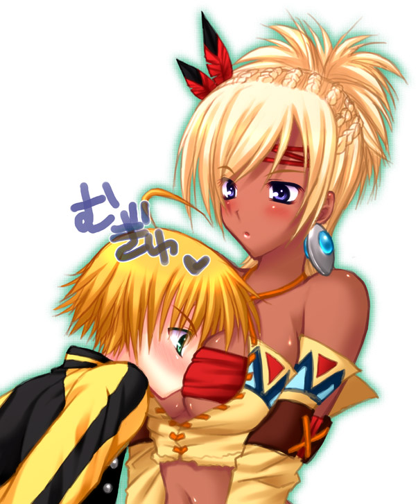 johnny garland, shania, shadow hearts, shadow hearts from the new world, 1boy, 1girl, bandeau, blonde hair, blue eyes, blush, breasts, dark skin, feathers, green eyes, hair ornament, medium breasts, short hair, strapless, tube top