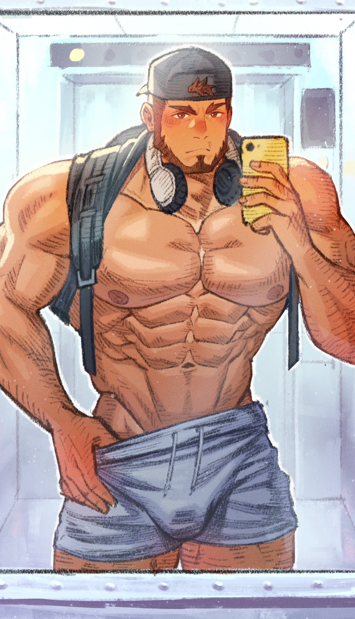 toshun (momotoshi), character request, highres, 1boy, abs, bara, beard, blush, clothes pull, cowboy shot, dark-skinned male, dark skin, facial hair, full beard, headphones, headphones around neck, large pectorals, male focus, mature male, mirror selfie, muscular, muscular male, navel, navel hair, nipples, pectorals, selfie, short hair, shorts, shorts pull, shredded muscles, solo, standing, stomach, thick eyebrows, topless male, v-taper, virtual youtuber