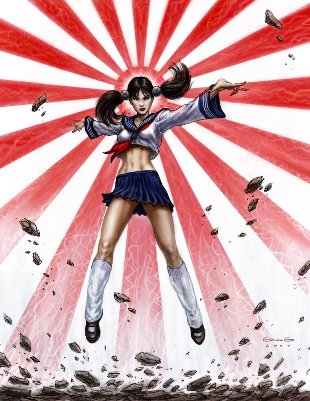 yuriko omega, command & conquer, command & conquer: red alert, command & conquer: red alert 3, red alert 3, psychic, highres, 1girl, abs, black eyes, black hair, dated, debris, female focus, floating, full body, hair ornament, levitation, looking at viewer, midriff, miniskirt, navel, rising sun flag, rock, school uniform, serafuku, shoes, skirt, socks, solo, sunburst, thighs, toned, toned female, twintails
