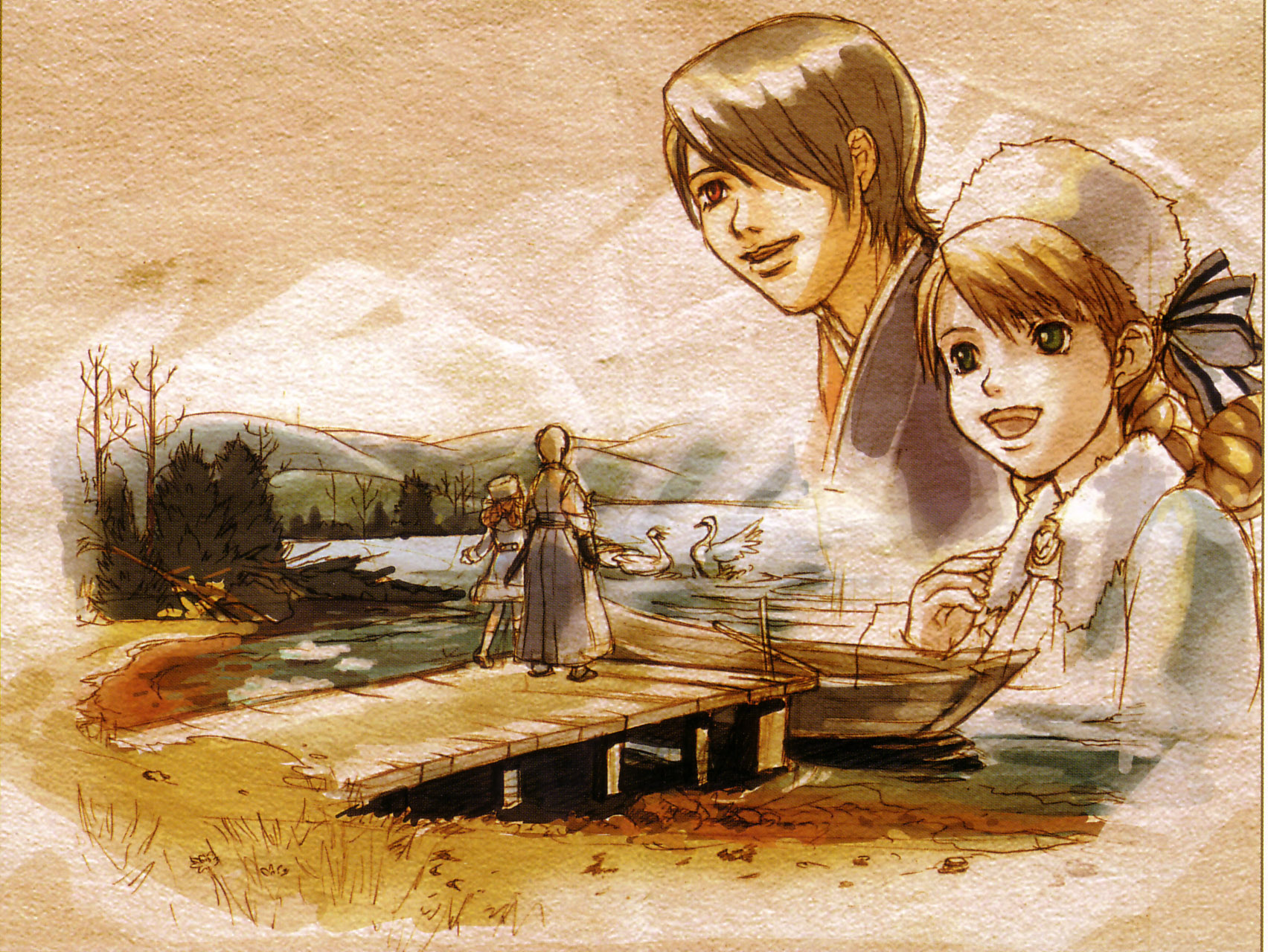 katou miyako, anastasia (shadow hearts), shadow hearts, shadow hearts ii, kurando, light brown hair, white footwear, highres, official art, scan, 1boy, 1girl, :d, age difference, bed sheet, bird, blue eyes, boat, boots, bow, braid, braided hair rings, brown hair, coat dress, dress, from behind, fur trim, grass, green eyes, grey hair, hair bow, hair over one eye, hair rings, hakama, hakama skirt, happy, hill, japanese clothes, long sleeves, multiple views, nature, oar, open mouth, outdoors, pier, red eyes, rowboat, short hair, skirt, smile, standing, tree, twin braids, upper body, watercraft, winter clothes