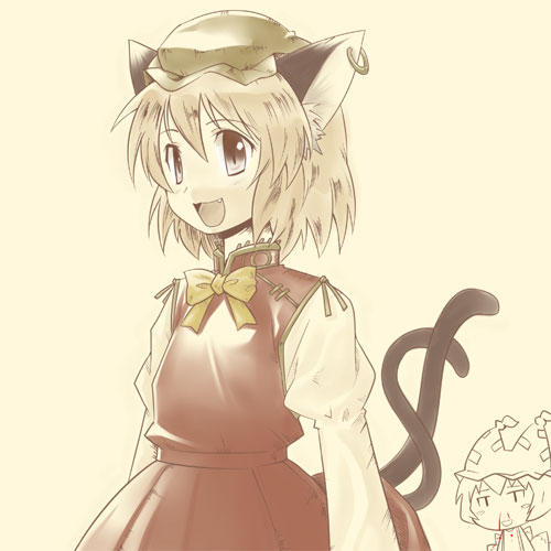 sakumo, sakumo (karatama), chen, yakumo ran, touhou, lowres, 2girls, animal ears, blood, brown hair, cat ears, cat girl, cat tail, earrings, fang, female focus, hat, jewelry, multiple girls, multiple tails, nosebleed, short hair, tail