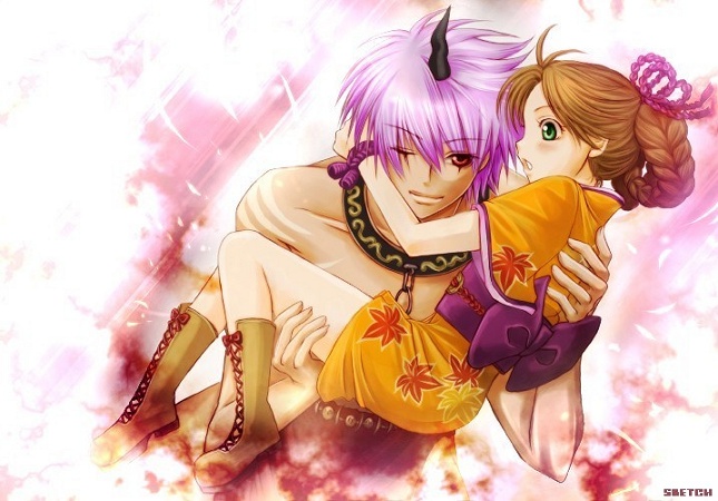 anastasia (shadow hearts), shadow hearts, shadow hearts ii, kurando, 1boy, 1girl, boots, braid, brown eyes, brown hair, carrying, green eyes, horns, japanese clothes, kimono, oni, princess carry, purple hair, single horn, yukata