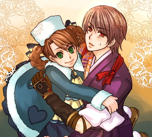 anastasia (shadow hearts), shadow hearts, shadow hearts ii, kurando, lowres, braid, brown eyes, brown hair, green eyes, hat, hug, japanese clothes