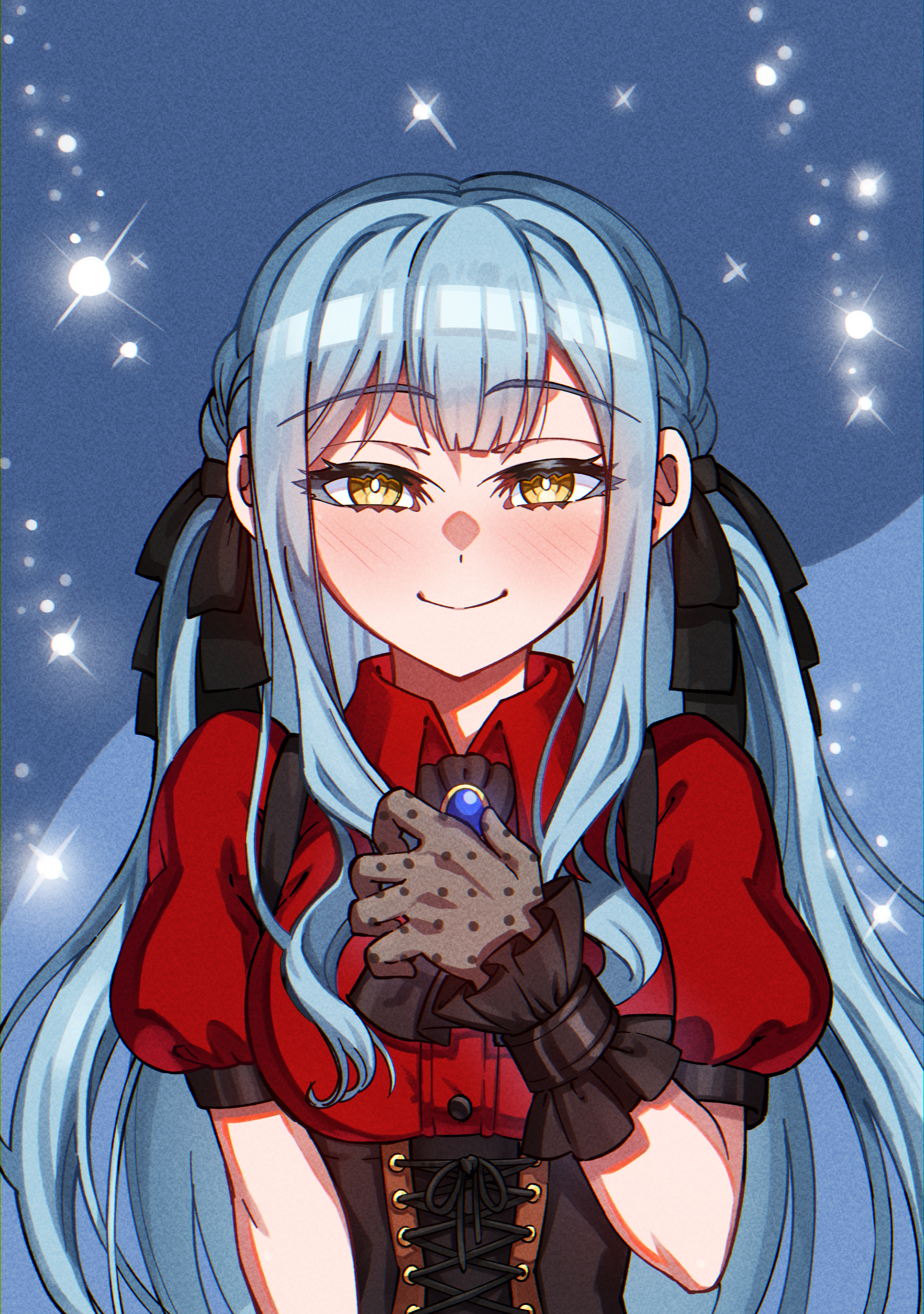 junji 17, oblivionis (bang dream!), togawa sakiko, bang dream!, bang dream! it's mygo!!!!!, absurdres, commentary, highres, 1girl, ascot, black ascot, black corset, black gloves, black ribbon, blue background, blue brooch, blue hair, blush, braid, closed mouth, corset, gloves, hair ribbon, long hair, looking at viewer, red shirt, ribbon, shirt, short sleeves, sidelocks, smile, solo, upper body, yellow eyes