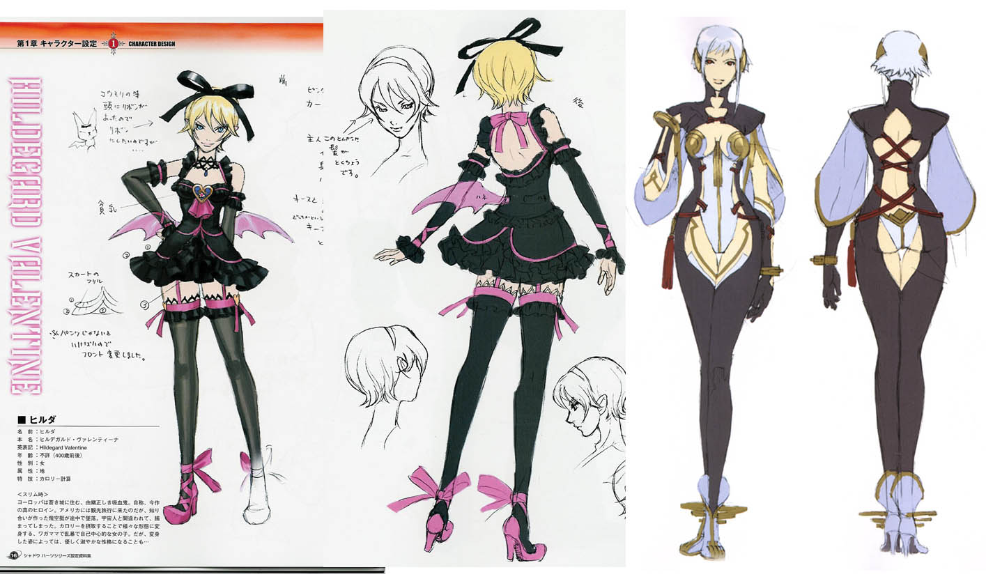 hildegard valentine, lady (shadow hearts), shadow hearts, shadow hearts from the new world, concept art, scan, ballerina shoes, black dress, blonde hair, bow, dress, fake wings, full body, garter straps, goth fashion, hair bow, high heels, leotard, reference sheet, ribbon, short hair, thighhighs, white hair, wings
